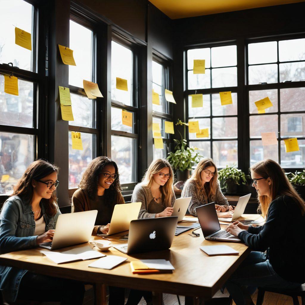 An inspiring scene of a diverse group of bloggers enthusiastically typing on laptops in a cozy coffee shop, with vibrant sticky notes on the walls highlighting key blogging strategies. Sunlight streaming through the window creates a warm atmosphere, while a chalkboard in the background lists blogging tips. The setting conveys creativity and collaboration. bright colors. modern style.