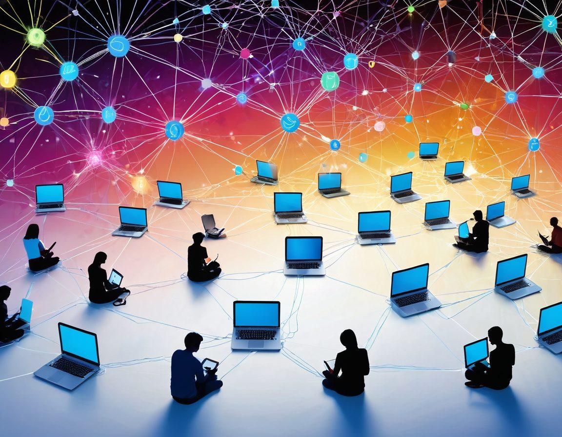 A dynamic digital landscape representing a vast blog network with interconnected nodes symbolizing different personal blogs. Include visuals of diverse people writing on laptops in cozy settings, showcasing the idea of community and connection. Feature vibrant colors with paths and links glowing, illustrating navigation through the Bligoo Blogosphere. digital art. vibrant colors. white background.