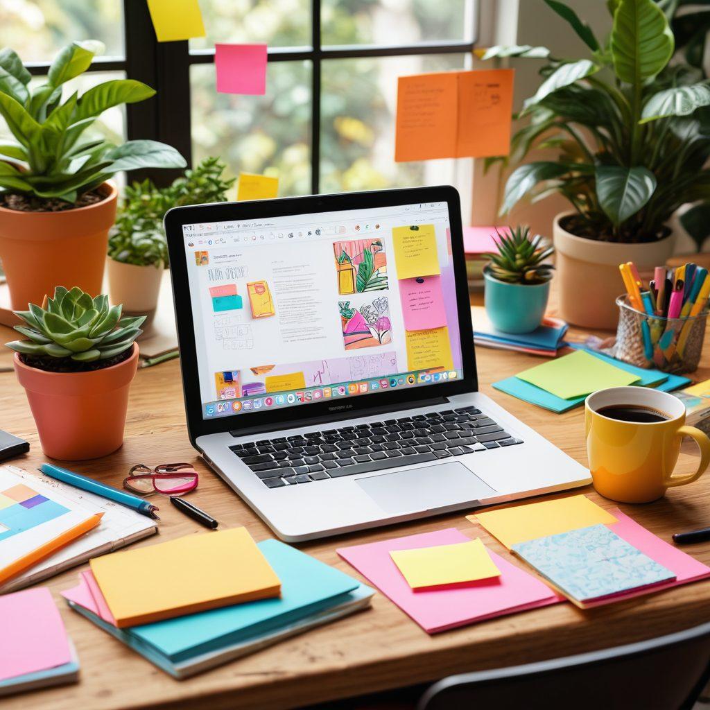 A vibrant workspace filled with advanced blogging tools, featuring a laptop displaying a creative blog interface, colorful sticky notes, a coffee cup, and plants. Highlight creative elements like colorful pens, a sketchbook with doodles, and open books with ideas. Incorporate a subtle glow effect to suggest inspiration and innovation. super-realistic. vibrant colors. 3D.
